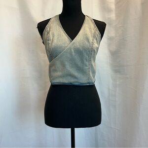 Zara denim Jean cropped halter top wrap light wash open back tie back Sz M NWOT